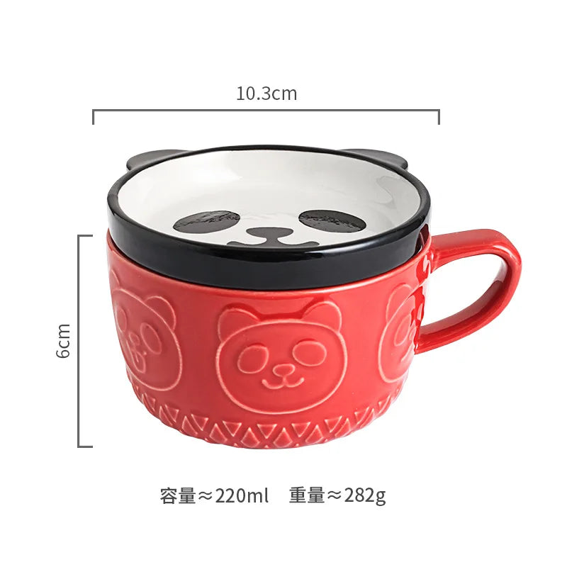 手感溫馨家居｜日系手作浮雕動物陶瓷馬克杯 (帶蓋防塵/400ml)
