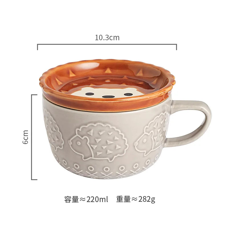 手感溫馨家居｜日系手作浮雕動物陶瓷馬克杯 (帶蓋防塵/400ml)