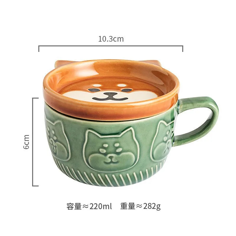 手感溫馨家居｜日系手作浮雕動物陶瓷馬克杯 (帶蓋防塵/400ml)